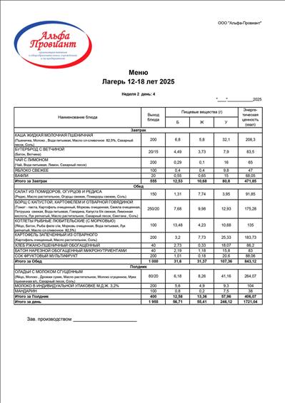 18.07.2024 Меню детского лагеря для детей от 12 до 18 лет
